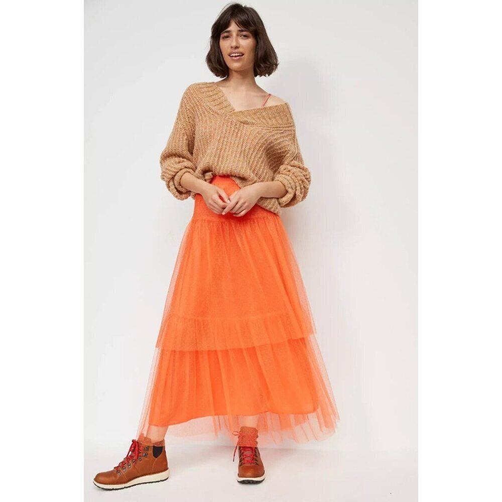 NWT by Anthropologie Evelyn in Orange Layered Tulle Midi Skirt M